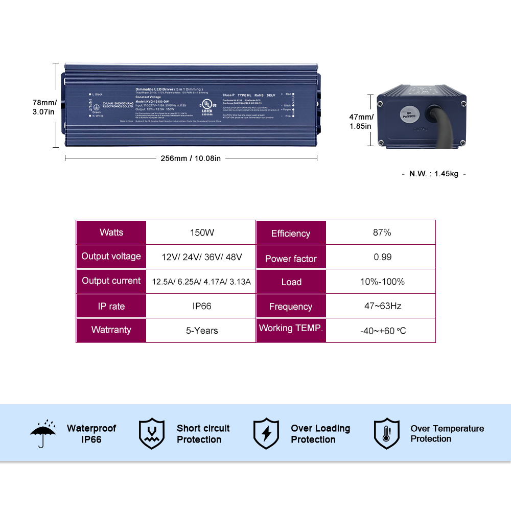 KVG-150-DW 150W CV 12V 36V 48V tension constante ji tɛ don a la ɛntɛrinɛti led driver for led lightbar