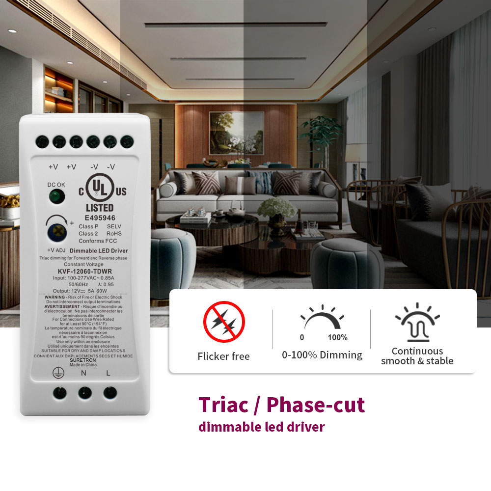 60W 12V 24V 36V 48V DC 100-277Vac (EE. UU.) Controlador LED Triac de voltaje constante Riel DIN