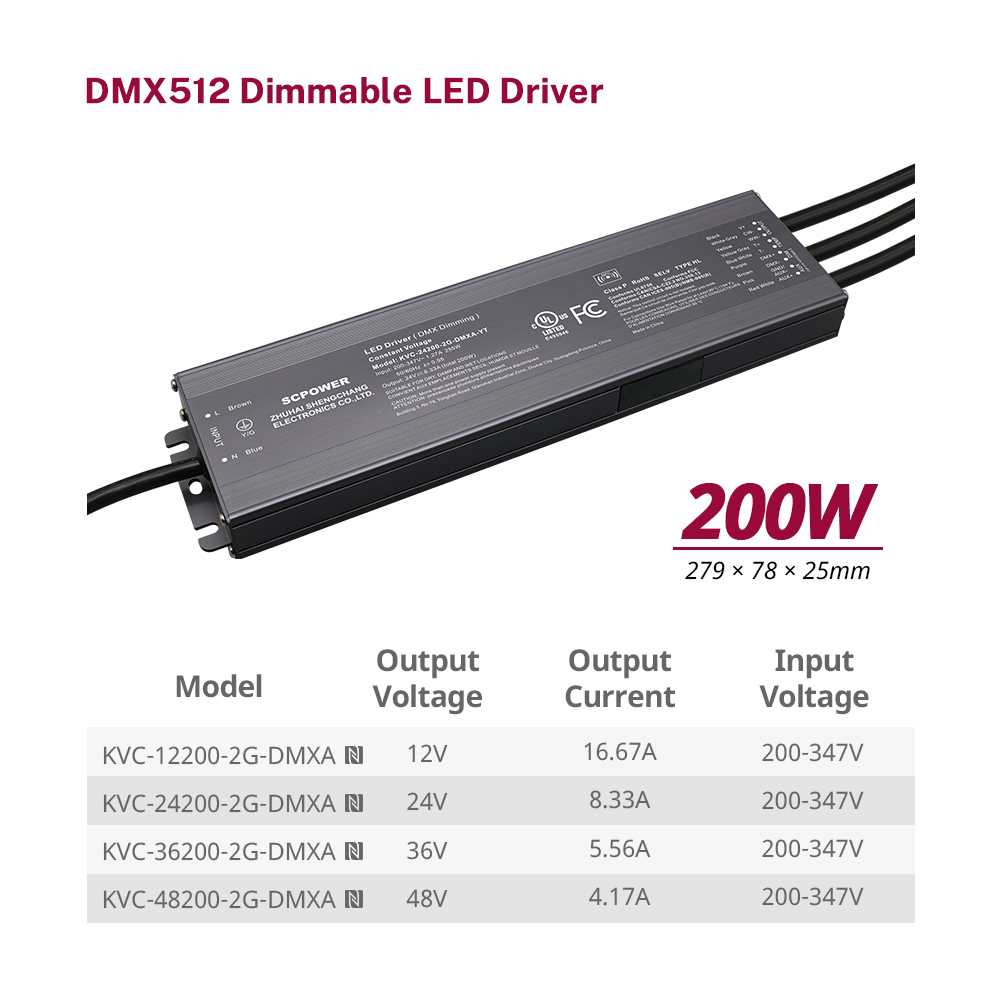 192 Вт 200 Вт CCT DMX512 Өнүгүү туруктуу чыңалуу LED драйвери 200 - 347 вольт AC